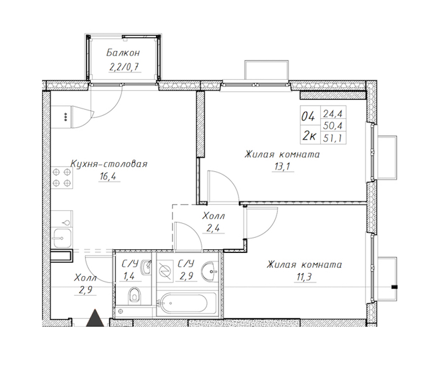 2-комнатная квартира 51.1 м², 23/24 эт., ЖК «Заречный парк»